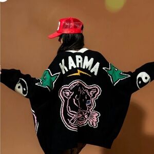 Black Graphic Sweater with Panther and Karma Design